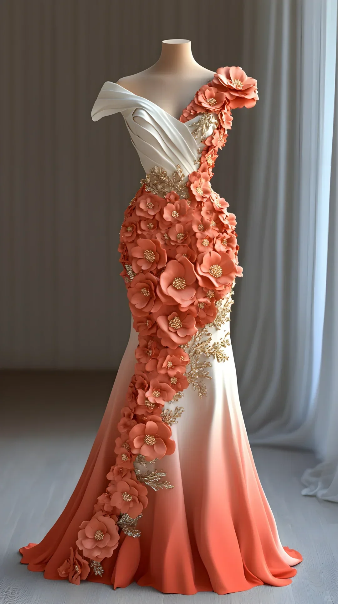 Hübsche Pfingstrosen-Blumenapplikationen Chiffon-Abendkleid Meerjungfrau Langes Festkleid Y8565