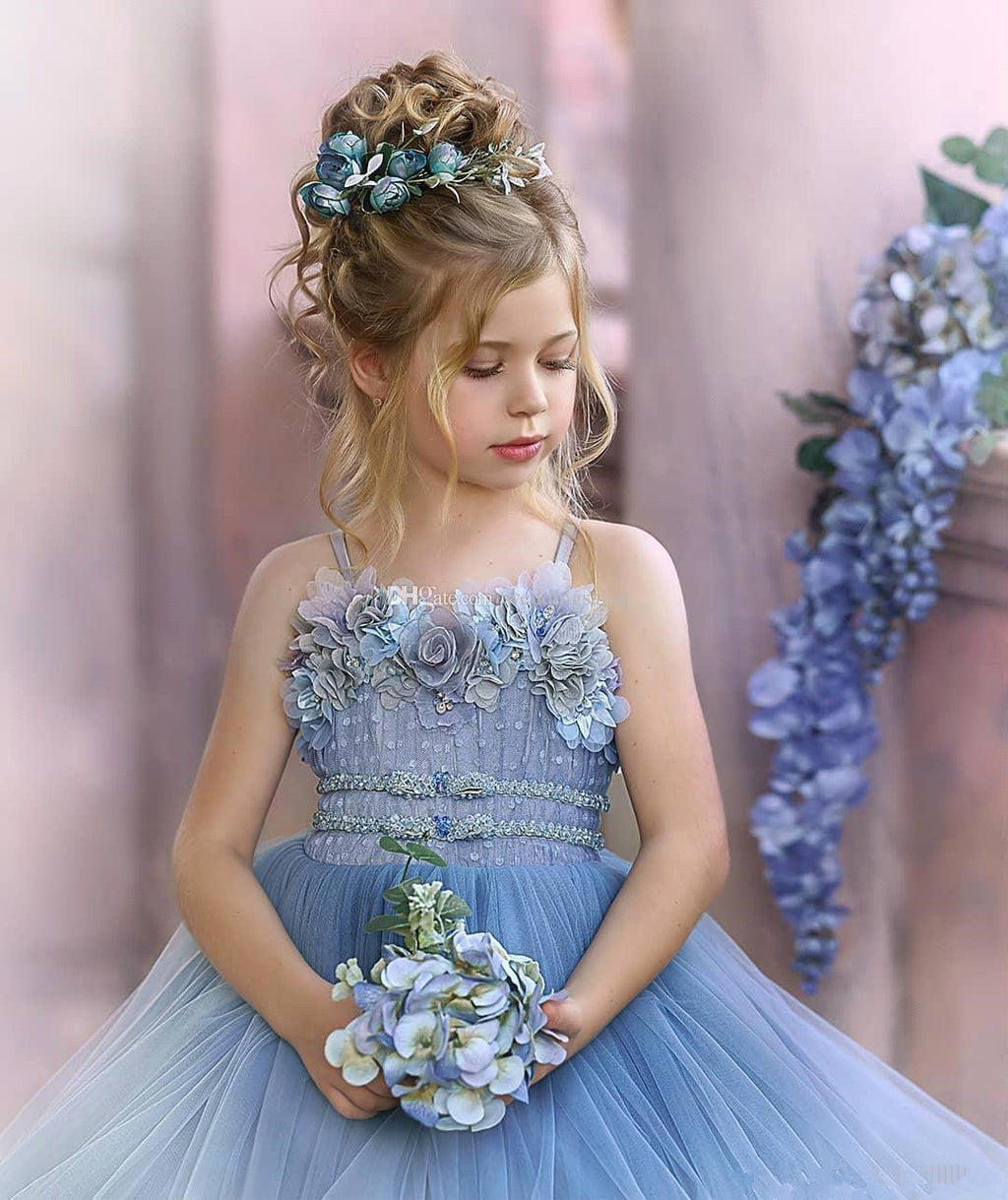 BMbridal Blue Spaghetti Straps Tulle Flower Girl Dress Layered With Appliques
