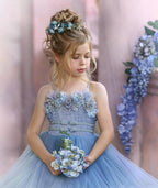 BMbridal Blue Spaghetti Straps Tulle Flower Girl Dress Layered With Appliques