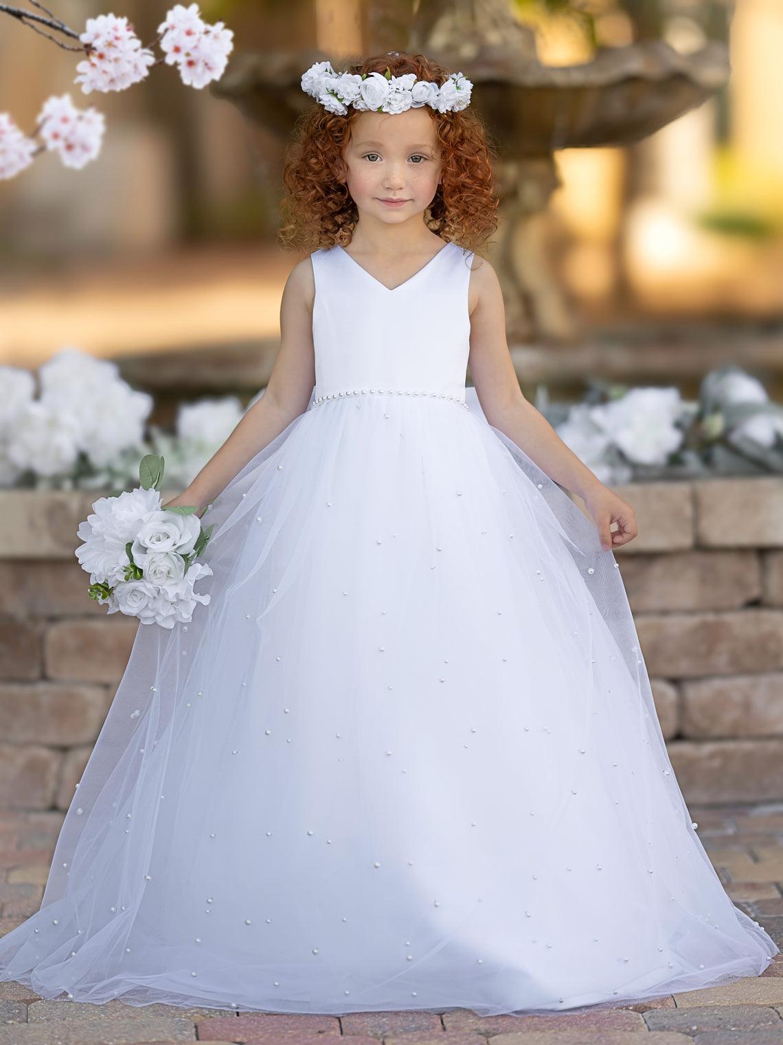 Floor Length V Neck Satin Tulle Princess Flower Girl Dress - photo 5