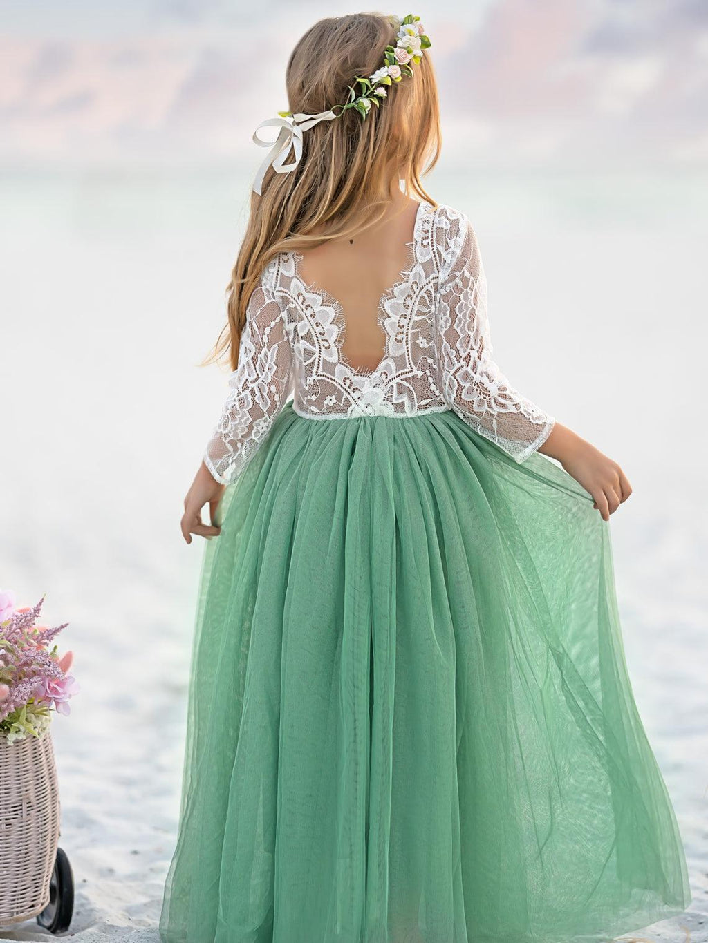 Ivory Peony Lace Long Sleeve A Line Tulle Tutu Flower Girl Party Dress