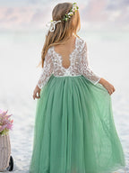 Ivory Peony Lace Long Sleeve A Line Tulle Tutu Flower Girl Party Dress