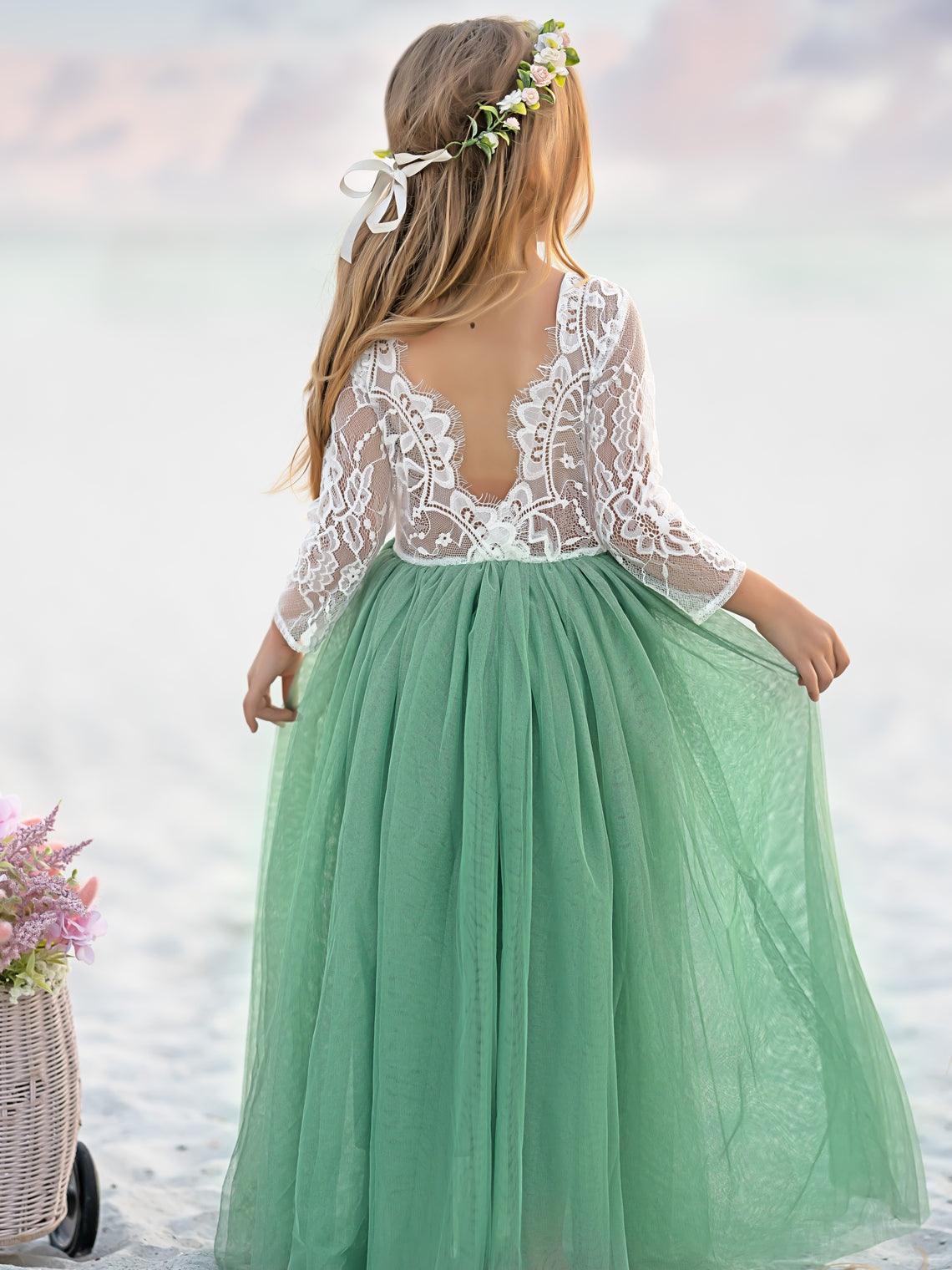 Ivory Peony Lace Long Sleeve A Line Tulle Tutu Flower Girl Party Dress