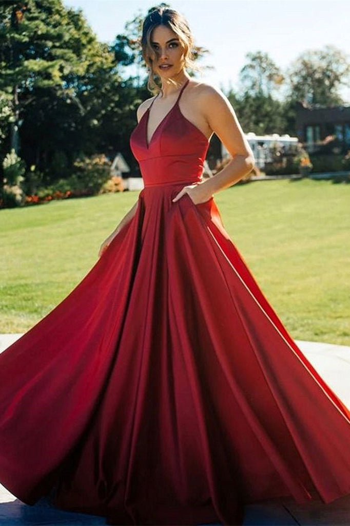 Robe de bal en satin bordeaux longue, coupe évasée, col en V, avec poches