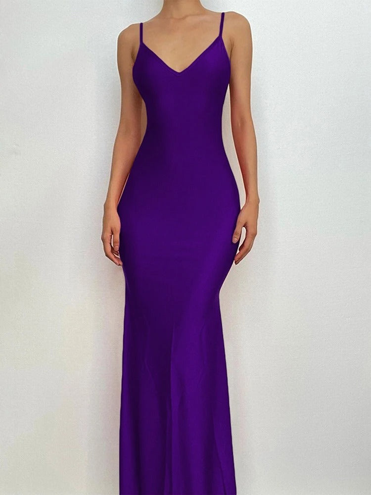 Nibber Red Shiny Spaghetti Strap Maxi Dress Women Solid Sexy Backless Ruched Cleavage Body-shaping Robe Lady Hipster Streetwear
