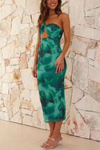 The Janika Printed Asymmetrical Strap Fixed Knot Stretch Midi Dress