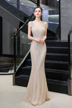 BMbridal Luxurious Beaded Mermaid Prom Dress Sleeveless V Neck Tulle Gown
