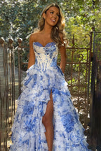 Blush Sweetheart A Line Chiffon Floral Ruffled Long Corset Prom Dress With Slit