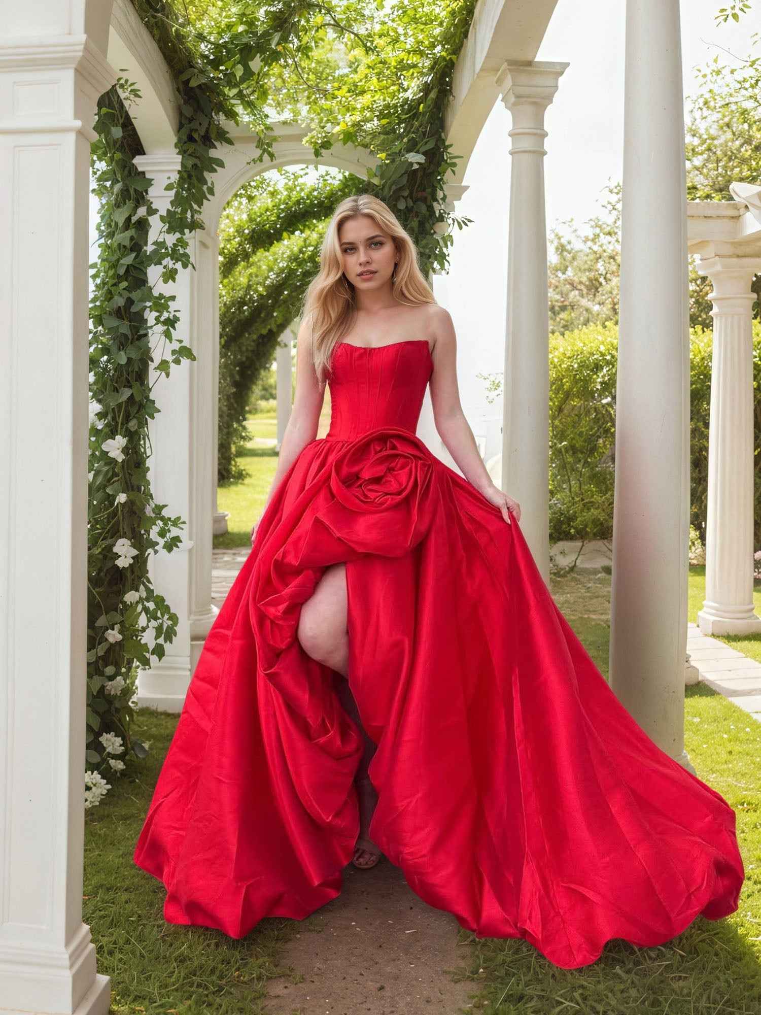 Black Rhinestone Strapless Satin Prom Dress With High Slit