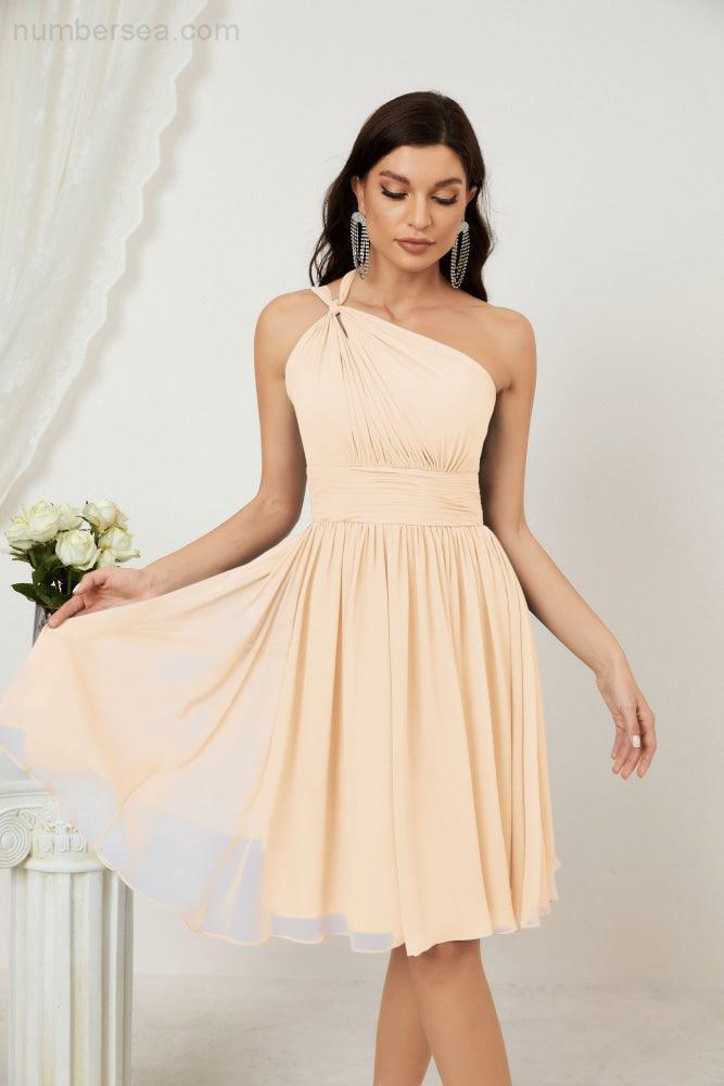 Numbersea Damen Chiffon Kurzes Ein-Schulter Brautjungfernkleid Festliche Kleider für Feier Heimkehr 2804