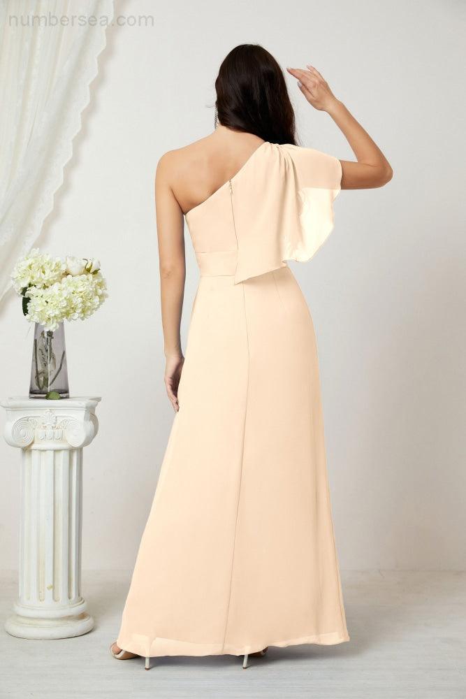 Abito da Sera Formale A-line con Spalla Singola e Balze in Chiffon, Spacco Laterale, per Damigelle, Modello 2809