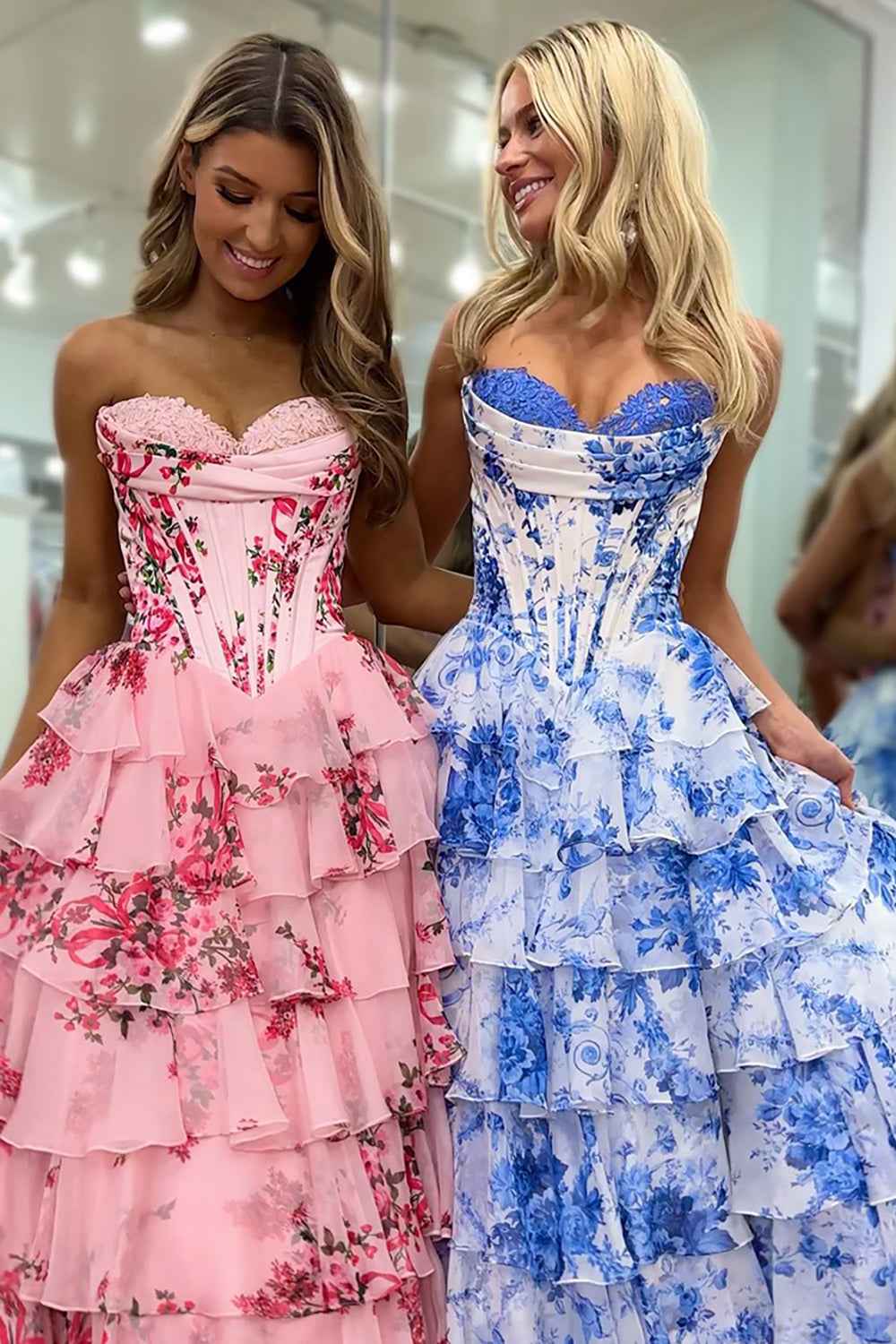 Blush Sweetheart A Line Chiffon Floral Ruffled Long Corset Prom Dress With Slit