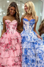 Blush Sweetheart A Line Chiffon Floral Ruffled Long Corset Prom Dress With Slit
