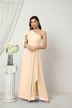 Abito da Sera Formale A-line con Spalla Singola e Balze in Chiffon, Spacco Laterale, per Damigelle, Modello 2809