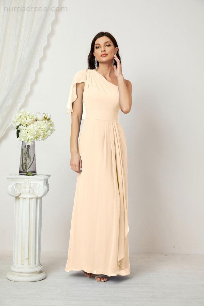 Abito da Sera Formale A-line con Spalla Singola e Balze in Chiffon, Spacco Laterale, per Damigelle, Modello 2809