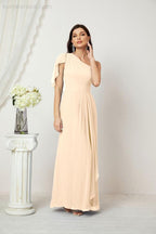 Abito da Sera Formale A-line con Spalla Singola e Balze in Chiffon, Spacco Laterale, per Damigelle, Modello 2809