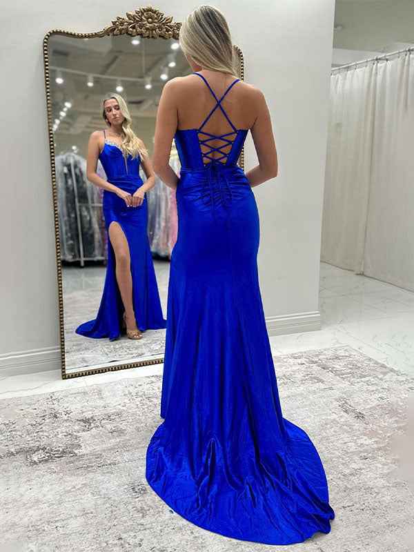 Sparkly Black Mermaid Prom Dress With Slit And Spaghetti Straps