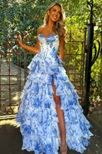 Blush Sweetheart A Line Chiffon Floral Ruffled Long Corset Prom Dress With Slit