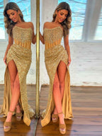 Champagne Strapless Mermaid Prom Dress With Slit And Sparkling Embellishments