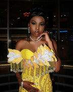 Golden Sunflower Off Shoulder Evening Gown White Floral Appliques Crystal Fringe