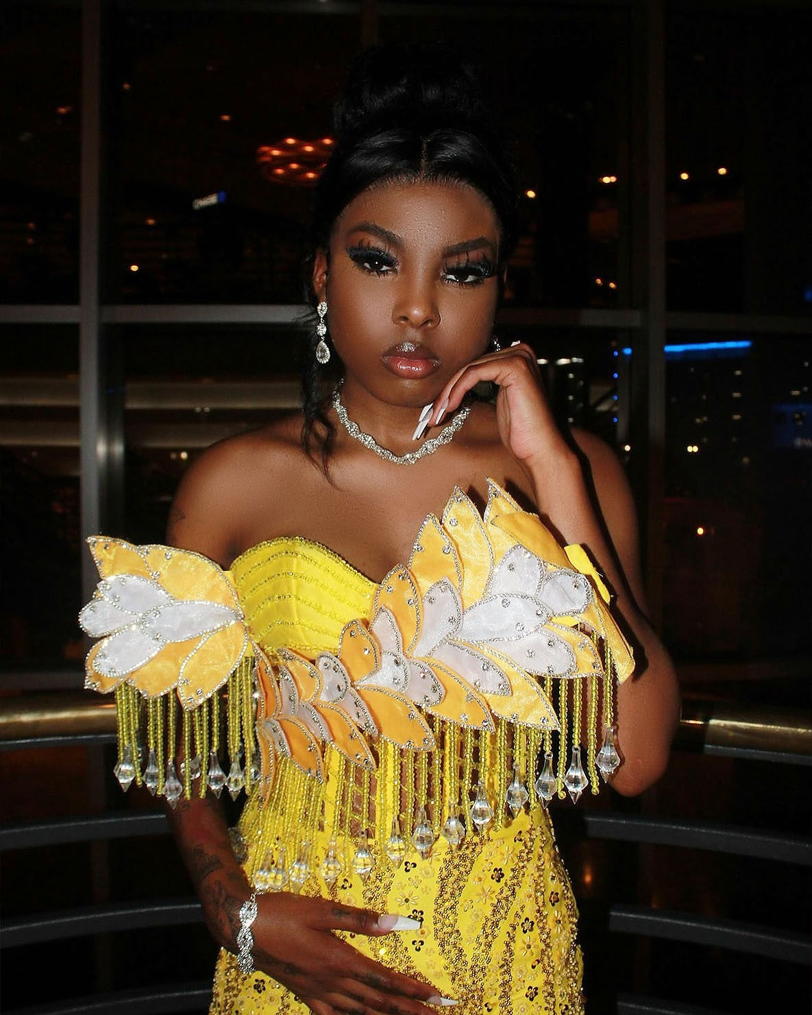 Golden Sunflower Off Shoulder Evening Gown White Floral Appliques Crystal Fringe