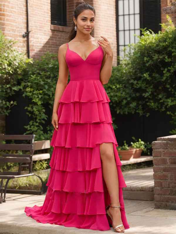 Yellow A Line V Neck Ruffled Tiered Chiffon Prom Dress With Slit