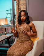 Champagne Elegance Beaded Mermaid Prom Dress With Lace Up Back