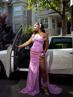 Digital Lavender Sequin Prom Dress Mermaid Gown Sweetheart Neckline High Slit