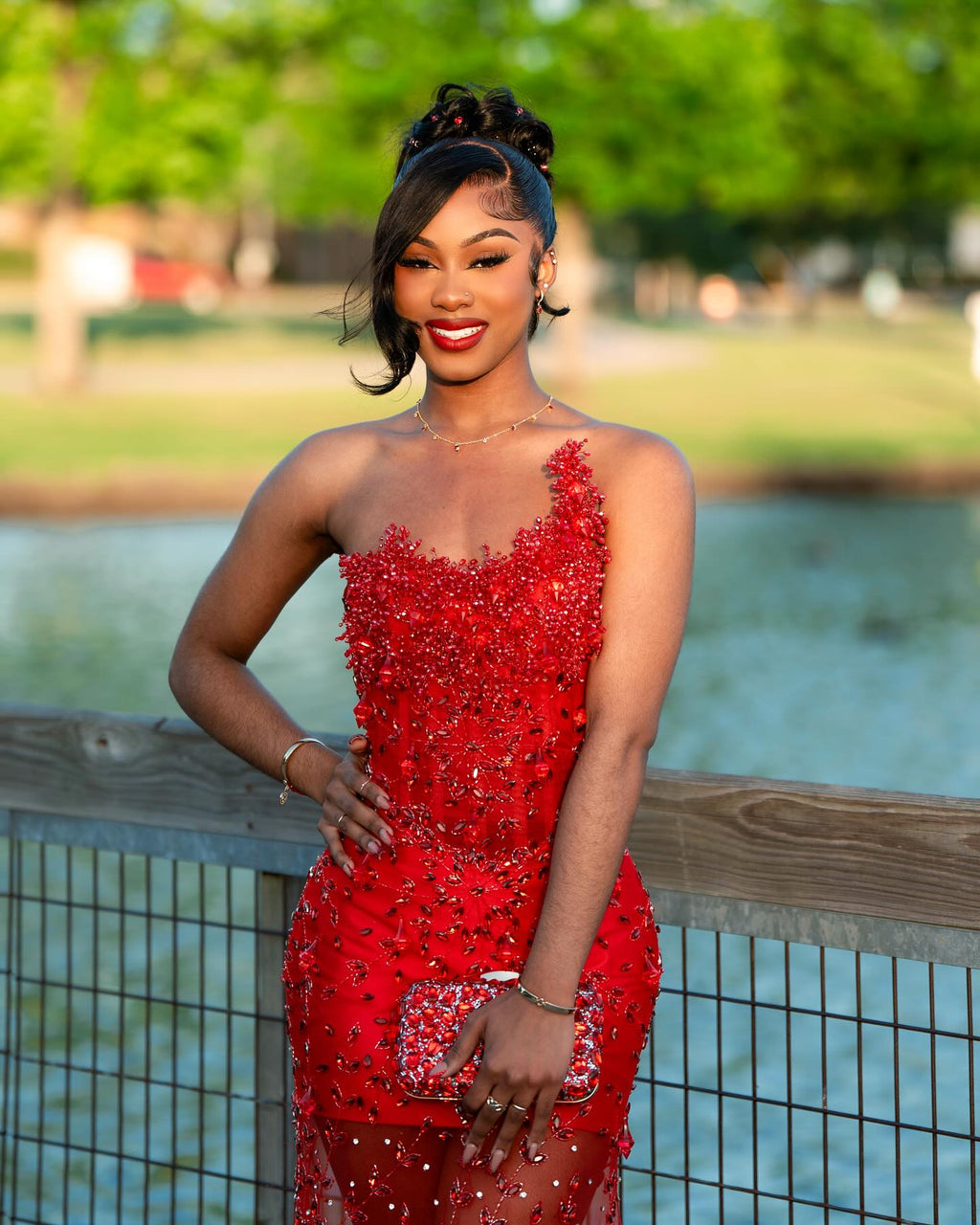 Red Sheer Illusion Beaded Mermaid Prom Dress With 3D Florals