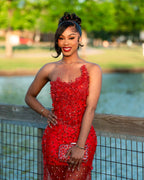 Red Sheer Illusion Beaded Mermaid Prom Dress With 3D Florals