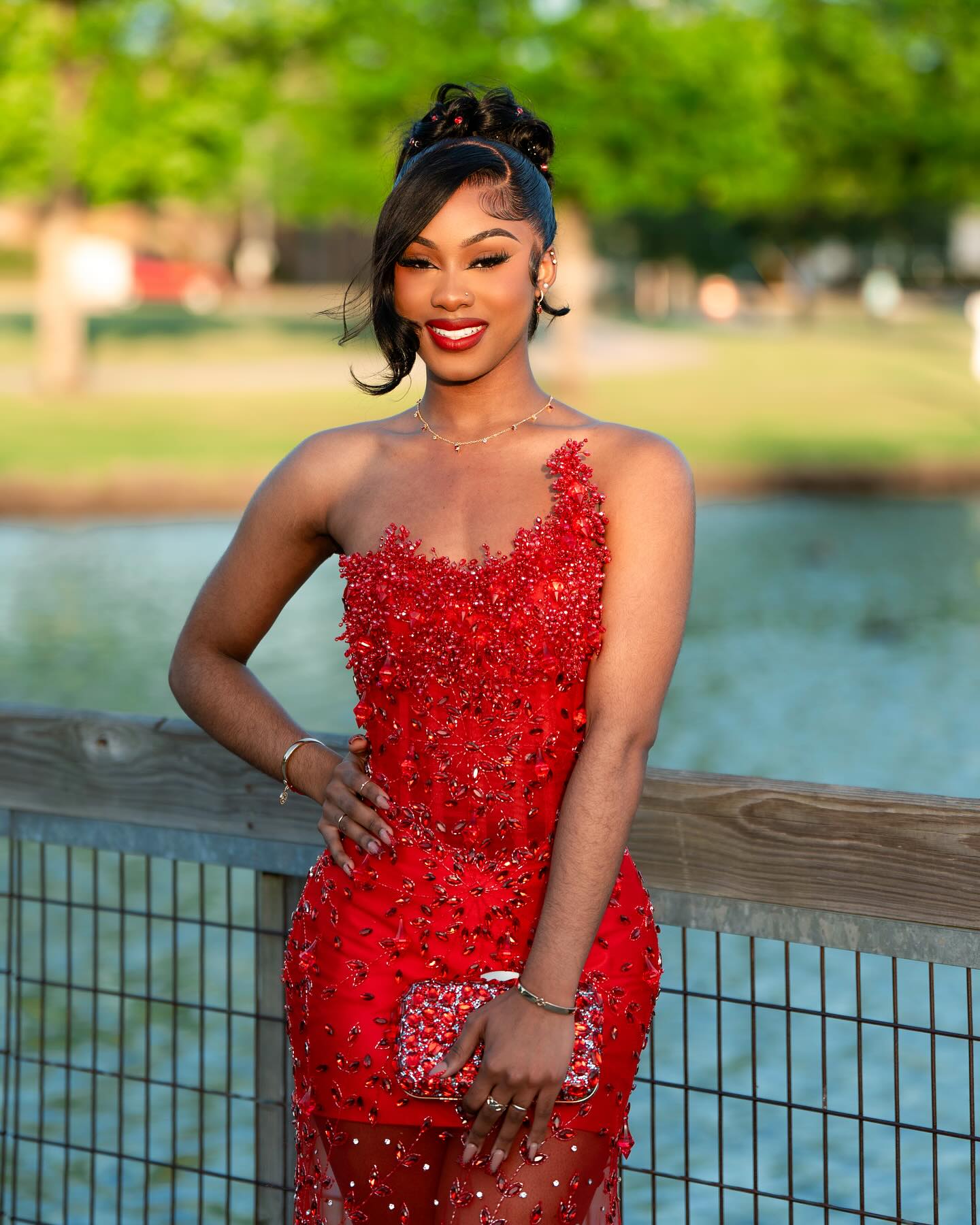Red Sheer Illusion Beaded Mermaid Prom Dress With 3D Florals