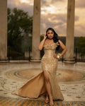 Luxury 24K Gold Sequin Prom Dress Sculptural 3D Floral Neckline Mermaid Gown