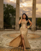 Luxury 24K Gold Sequin Prom Dress Sculptural 3D Floral Neckline Mermaid Gown