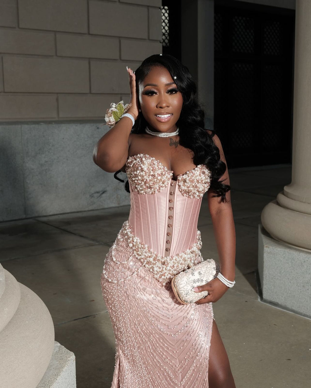 Blush Pink Pearl Beaded Corset Mermaid Prom Dress With Detachable Sleeves