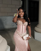 Blush Pink Pearl Beaded Corset Mermaid Prom Dress With Detachable Sleeves