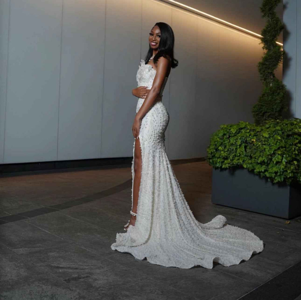 White Enchantment Beaded Floral Mermaid Prom Dress With Crystal Details