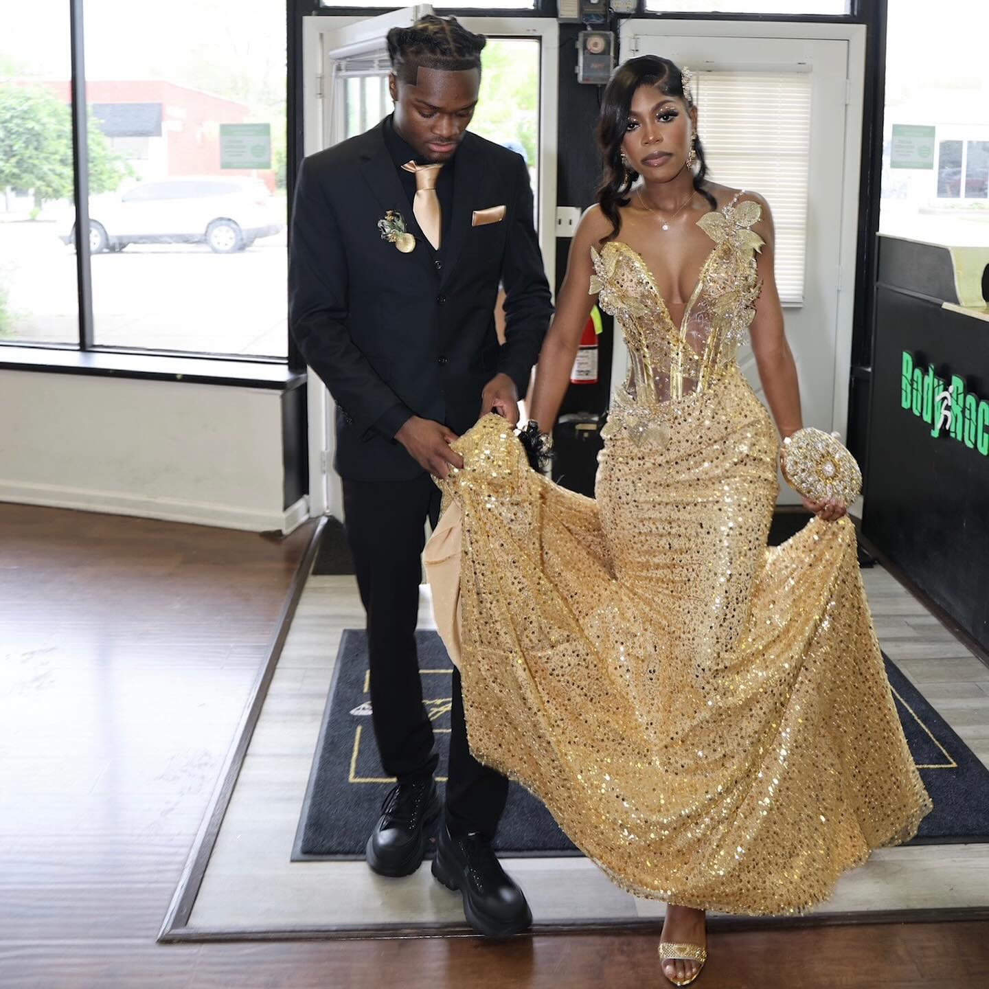 24K Gold Sequined Corset Mermaid Prom Dress With 3D Florals