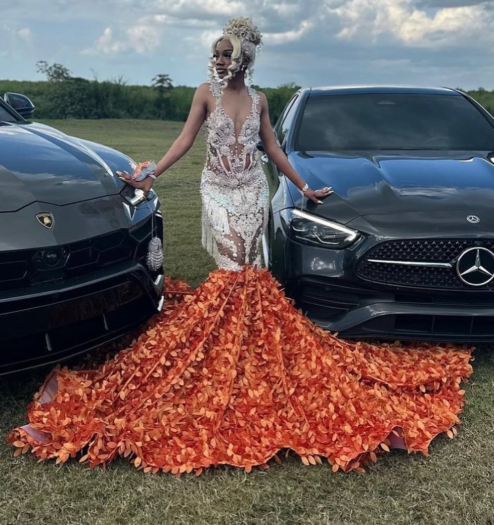 Orange Flame Crystal Beaded Mermaid Prom Dress With Massive 3D Petal Train