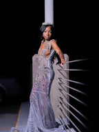 Lavender Mermaid Prom Dress Sheer Sequin Beaded Crystal Fringe Gown