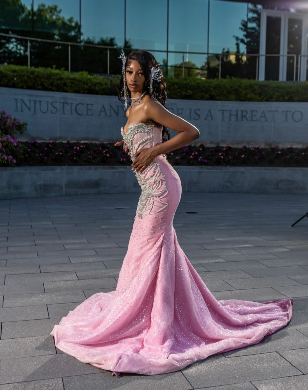 Blush Pink Mermaid Gown With Crystal Beaded And Tulle Overskirt