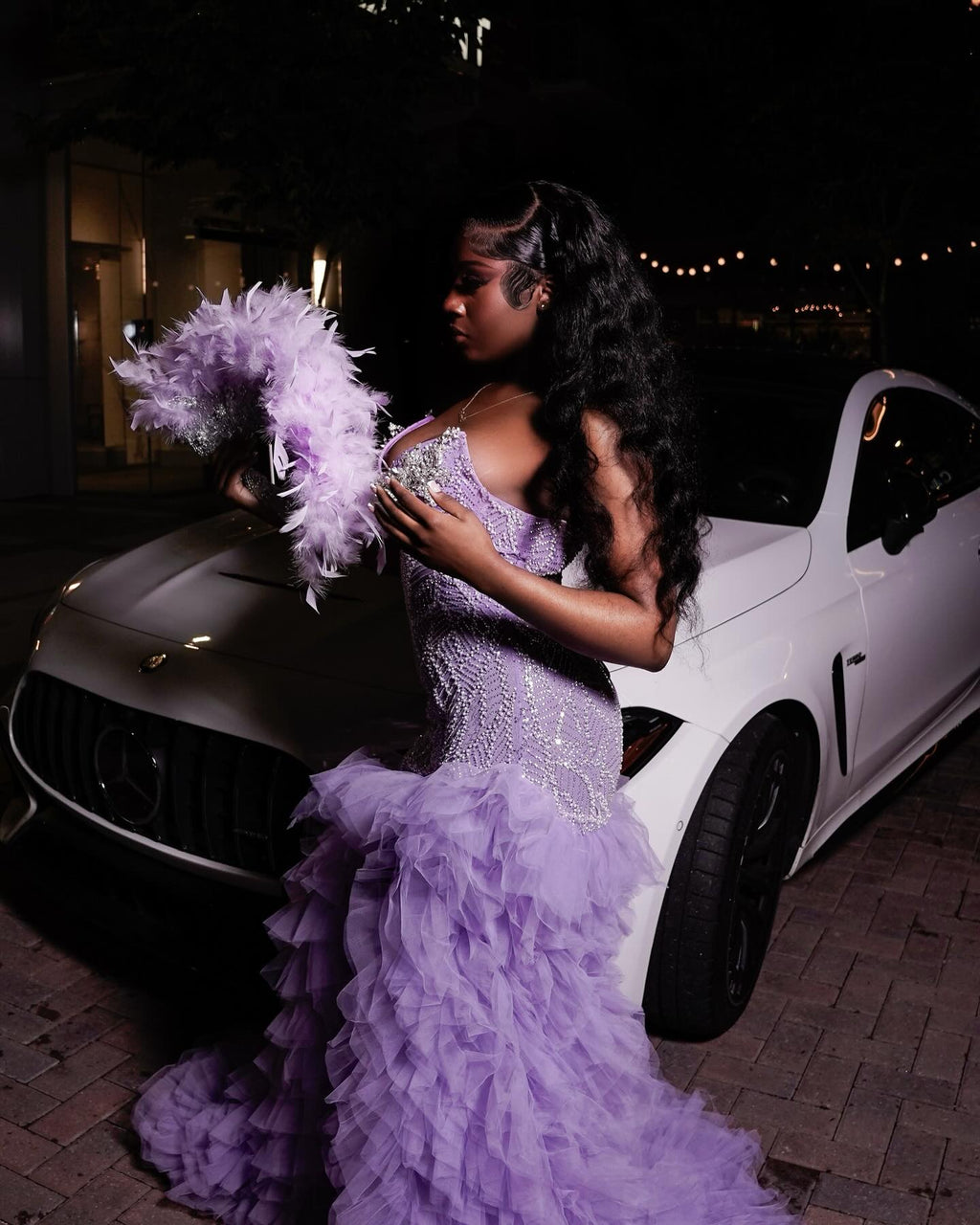 Lavender Purple Crystal Mermaid Gown Sweetheart Neckline And Feather Sleeves