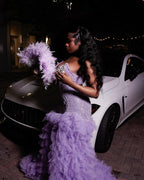 Lavender Purple Crystal Mermaid Gown Sweetheart Neckline And Feather Sleeves