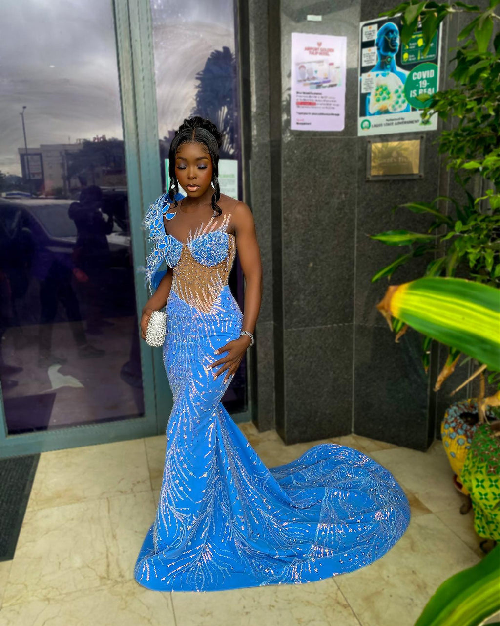 Blue Butterfly Beaded Mermaid Gown With One Shoulder Lace Applique