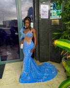 Blue Butterfly Beaded Mermaid Gown With One Shoulder Lace Applique