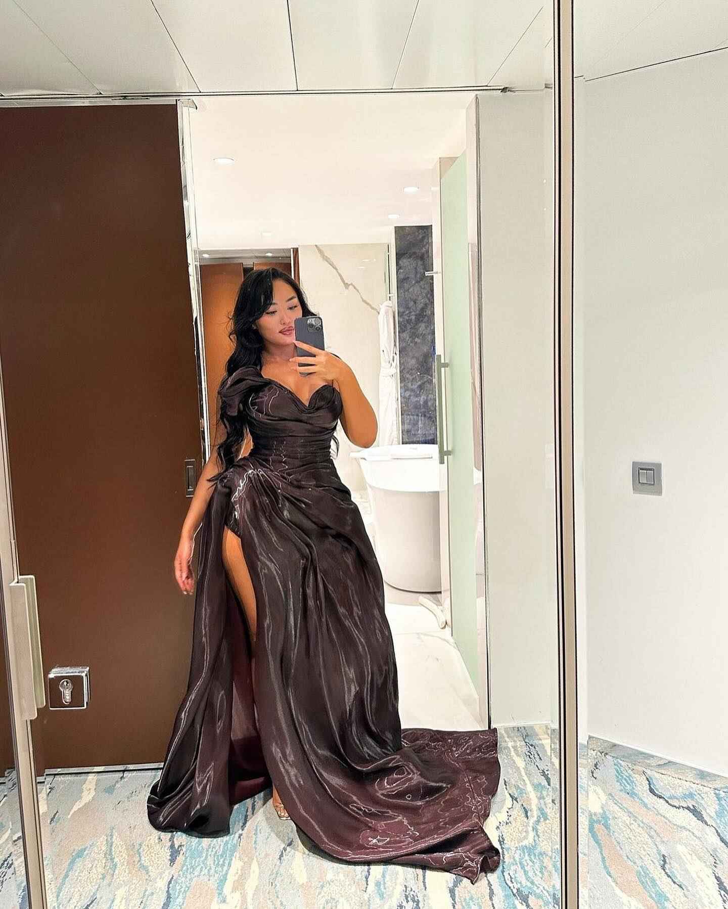 Electric Storm Burgundy Satin Prom Dress With Bow Detail And Lightning Print