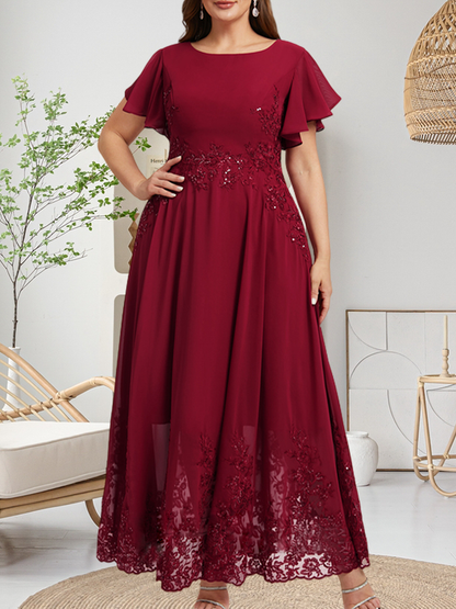 Vestido de gasa con encaje y lentejuelas para madre de la novia, corte A, escote redondo hasta los tobillos