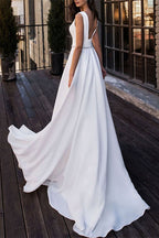 Long V Neck Backless Wedding Dress With Flowing Fabric