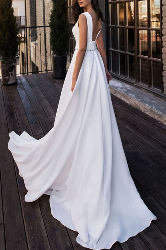 Long V Neck Backless Wedding Dress With Flowing Fabric