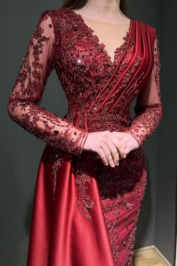 Burgundy Long Sleeve Mermaid Evening Dress With Beads And Ruffles