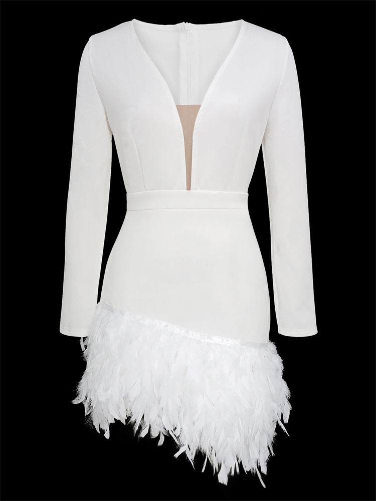 TARUXY Tiefem V-ausschnitt Mini Kleid Für Frauen Federn Patchwork Sexy Bodycon Kleider Damen Schlank Solide Party Prom Kleid Frau 2023 